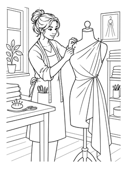 A dressmaker pins elegant fabric to a dress form in this fashion coloring page.