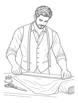 A tailor working in this fashion coloring page measures fabric on a cutting table.