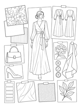 A dress design mood board in this fashion coloring page.
