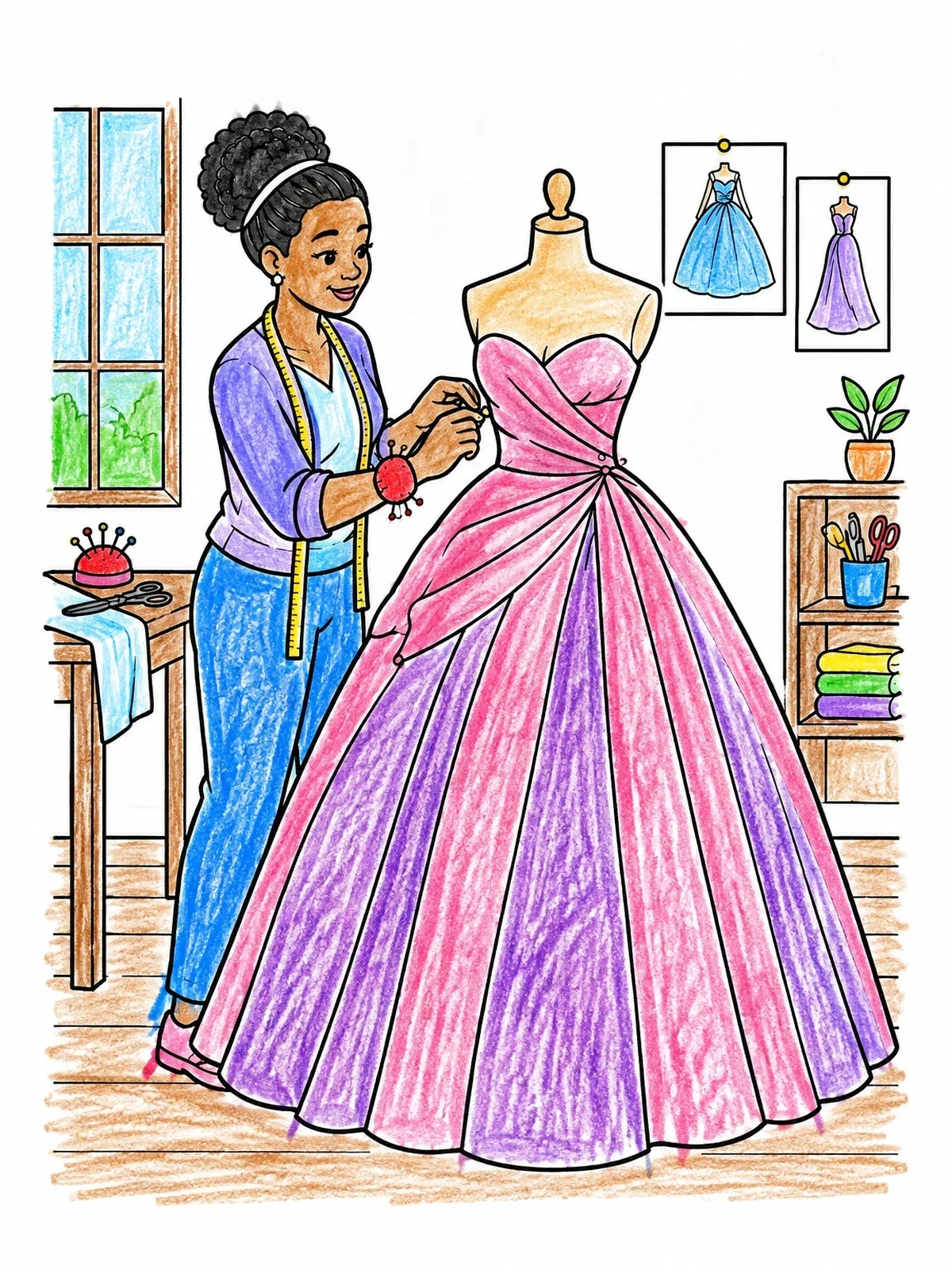 Colored example of the Fashion Designer Fitting A Ball Gown coloring page