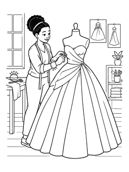 Free printable Fashion Designer Fitting A Ball Gown coloring page