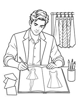 A young designer sketches outfits in this dress coloring page with fabric swatches nearby.