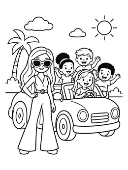 A stylish doll in a jumpsuit poses beside a convertible in this fun fashion coloring page.