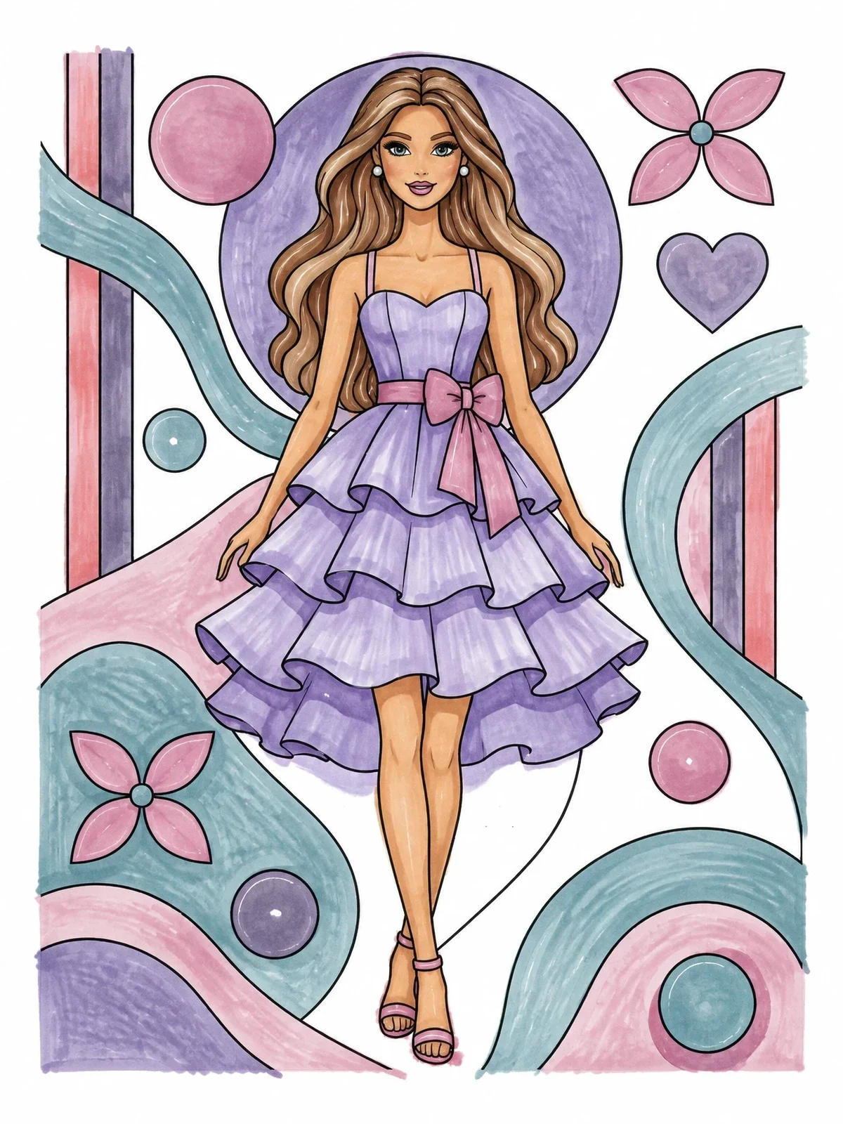 Colored example of the Fashion Doll In Ruffled Party Dress coloring page