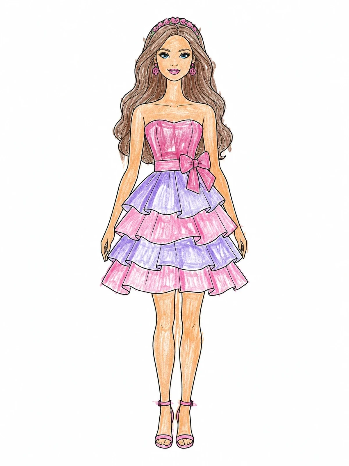 Colored example of the Fashion Doll In Ruffled Party Dress coloring page