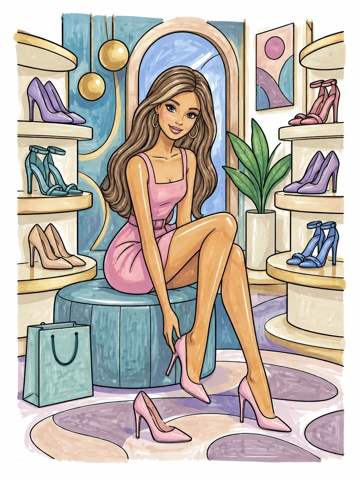 Colored example of the Fashion Doll In Shoe Boutique coloring page