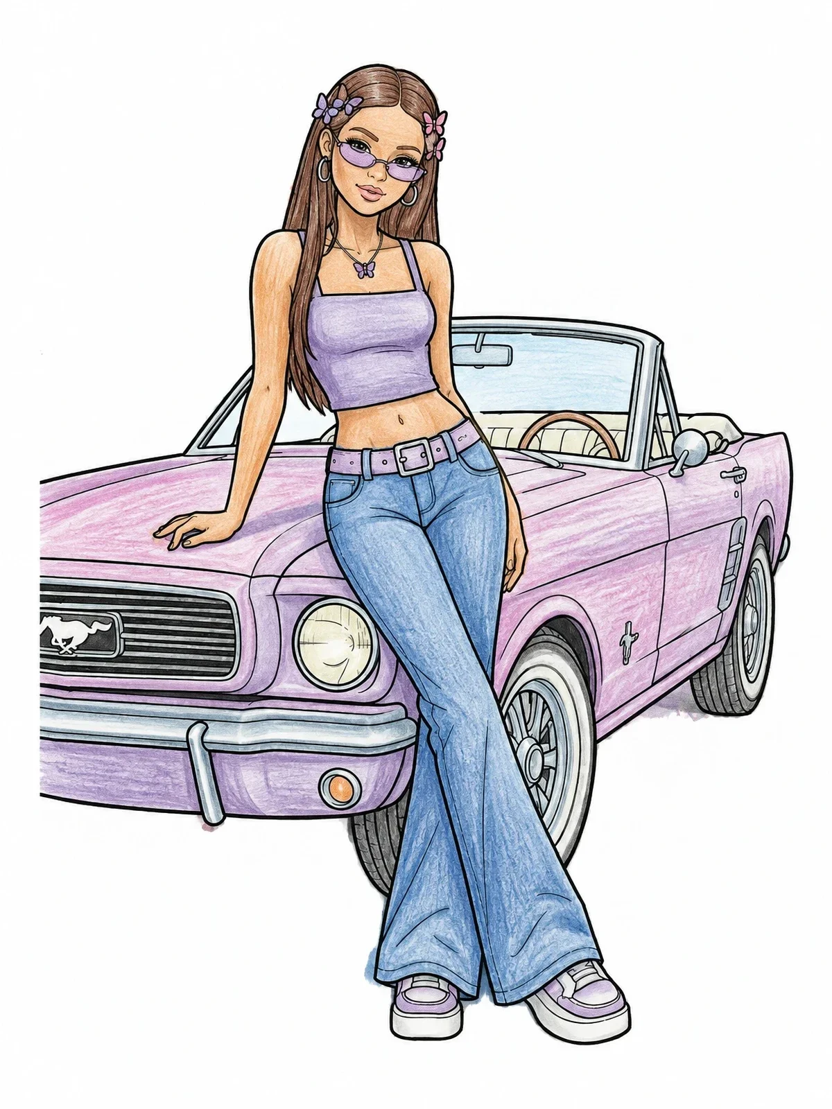 Colored example of the Fashion Doll With Vintage Convertible Car coloring page