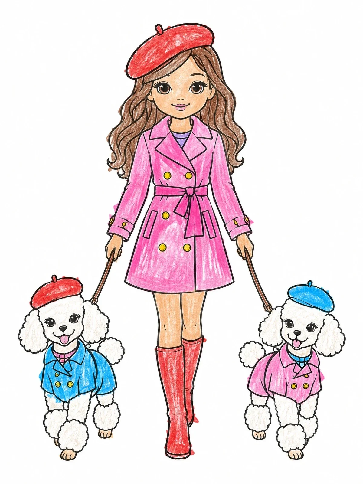 Colored example of the Fashion Doll Walking Two Poodles coloring page