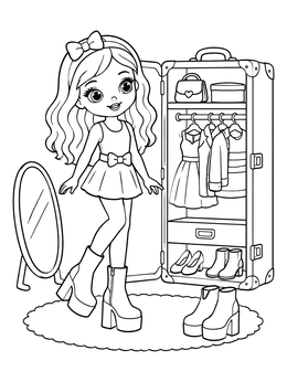 Free printable Fashion Doll Beside Wardrobe Trunk coloring page