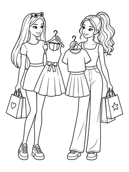 Two stylish friends hold up dresses on hangers on this fashion coloring page.