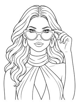 Glamorous woman adjusting cat-eye glasses on this stylish fashion coloring page.