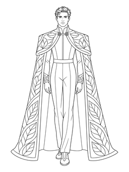A stylish male model stands in an elegant jumpsuit and cape in this fashion coloring page.