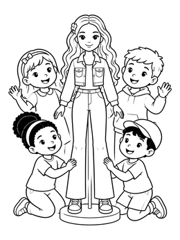 Free printable Fashion Mannequin Doll And Happy Children coloring page