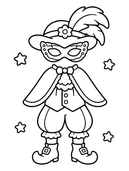 A fancy masquerade costume with a mask and feathered hat on this fun fashion coloring page.