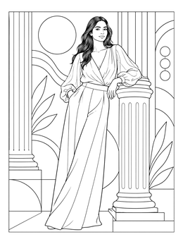 A woman posing gracefully by a marble pillar on this chic fashion coloring page.