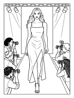 A glamorous fashion coloring page featuring a model walking down a runway flanked by photographers.