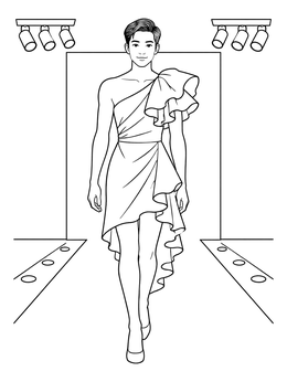 A stylish dress coloring page showing a runway model wearing a ruffled cocktail gown.