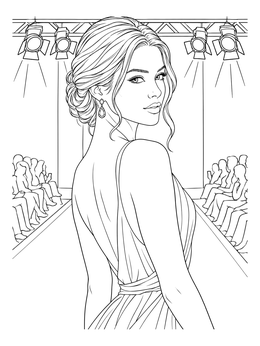 An elegant fashion coloring page featuring a model turning on the catwalk under stage lights.