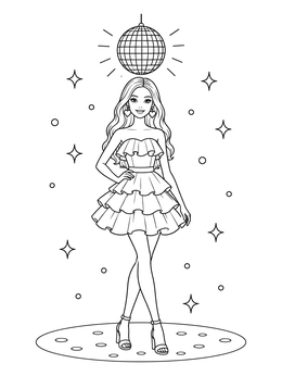 A stylish fashion coloring page of a girl in a ruffled dress under a sparkling disco ball.
