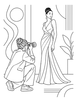 A photographer coloring page showing a photographer taking photos of an elegant model.