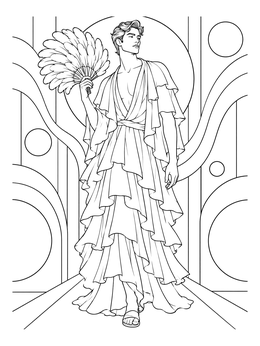 A stylish runway model in a layered ruffled gown stars in this fashion coloring page.