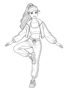 A sporty girl balancing on one leg in a trendy fashion coloring page.