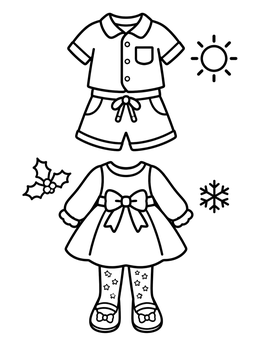 A summer outfit and winter dress on this fashion coloring page.