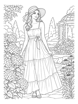 A fashion coloring page showing an elegant woman in a sundress and hat in a blooming botanical garden.