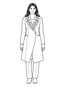 Woman in an elegant embroidered coat on this fashion coloring page.