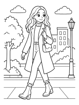 Free printable Trendy Girl Strolling In Autumn Coat coloring page