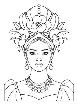 An ornate fashion coloring page showing a woman with a pearl and floral headdress.