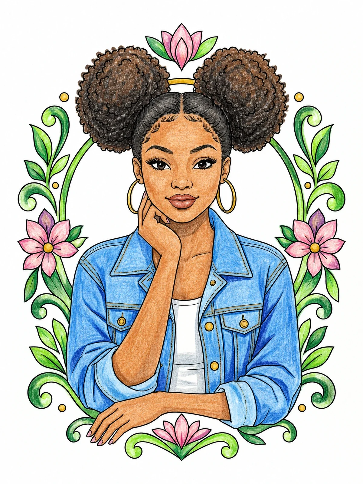 Colored example of the Fashionable Black Girl In Denim Jacket coloring page