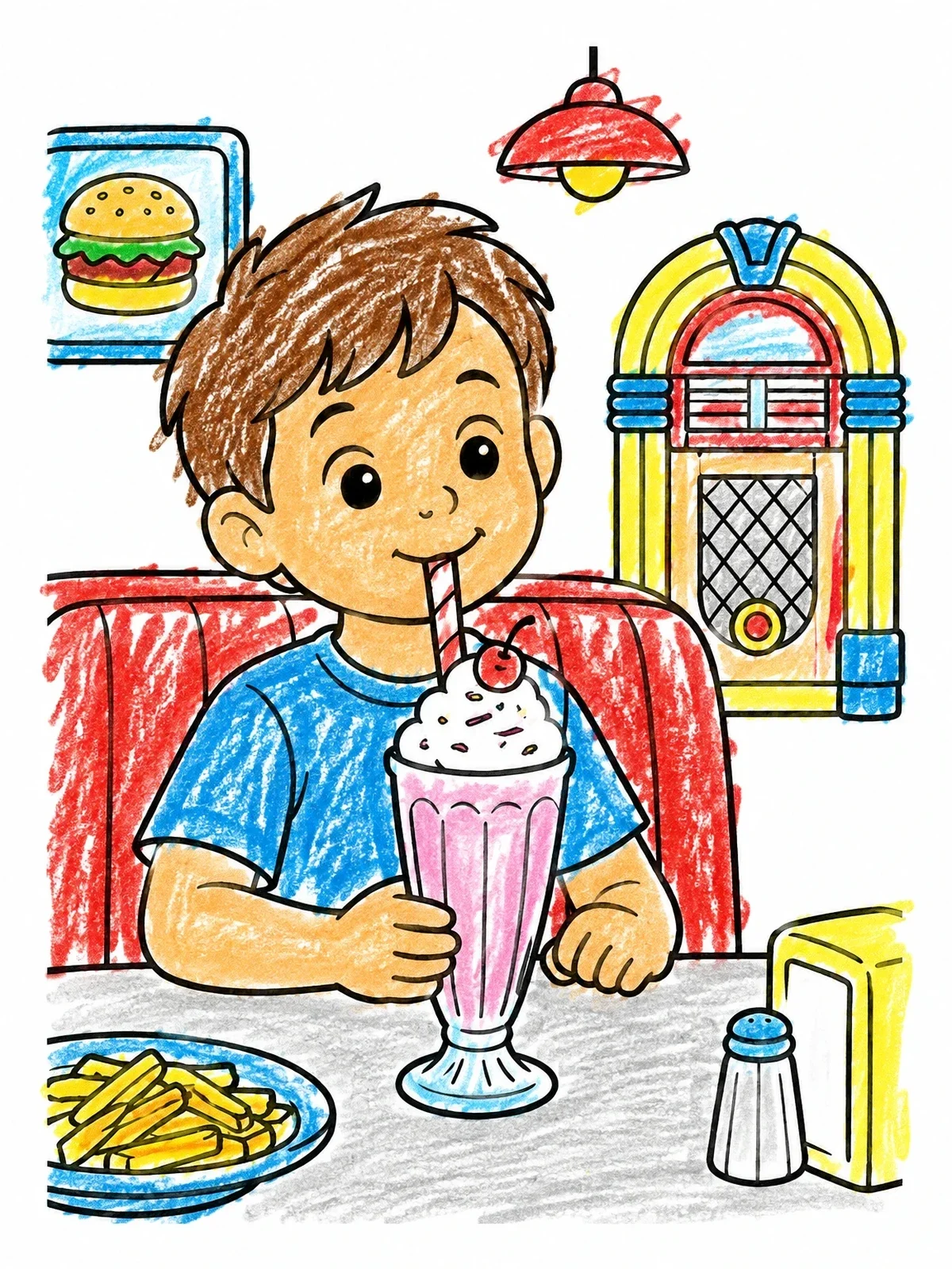 Colored example of the Boy Drinking Milkshake At Diner coloring page