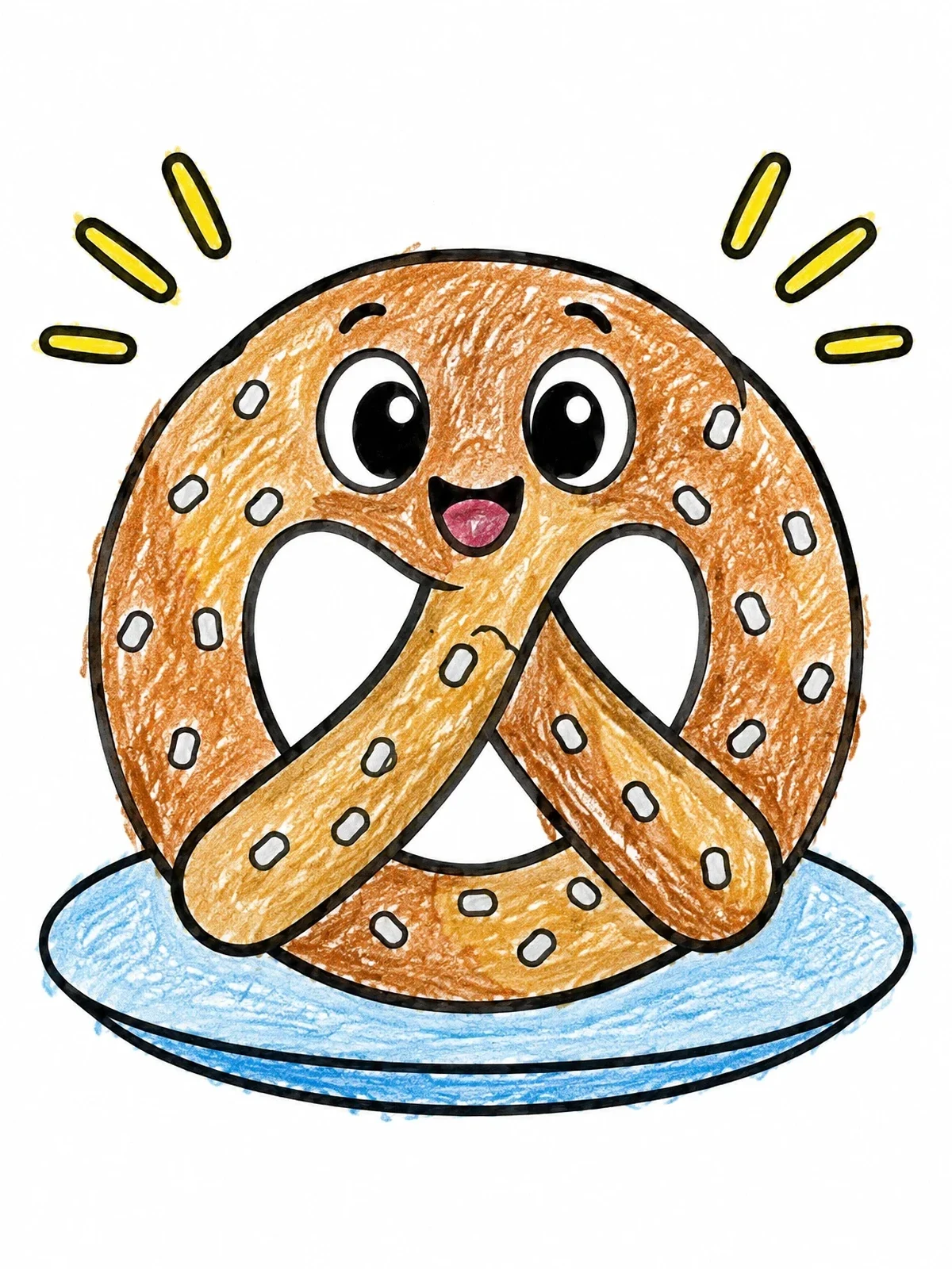 Colored example of the Cheerful Cartoon Pretzel On A Plate coloring page