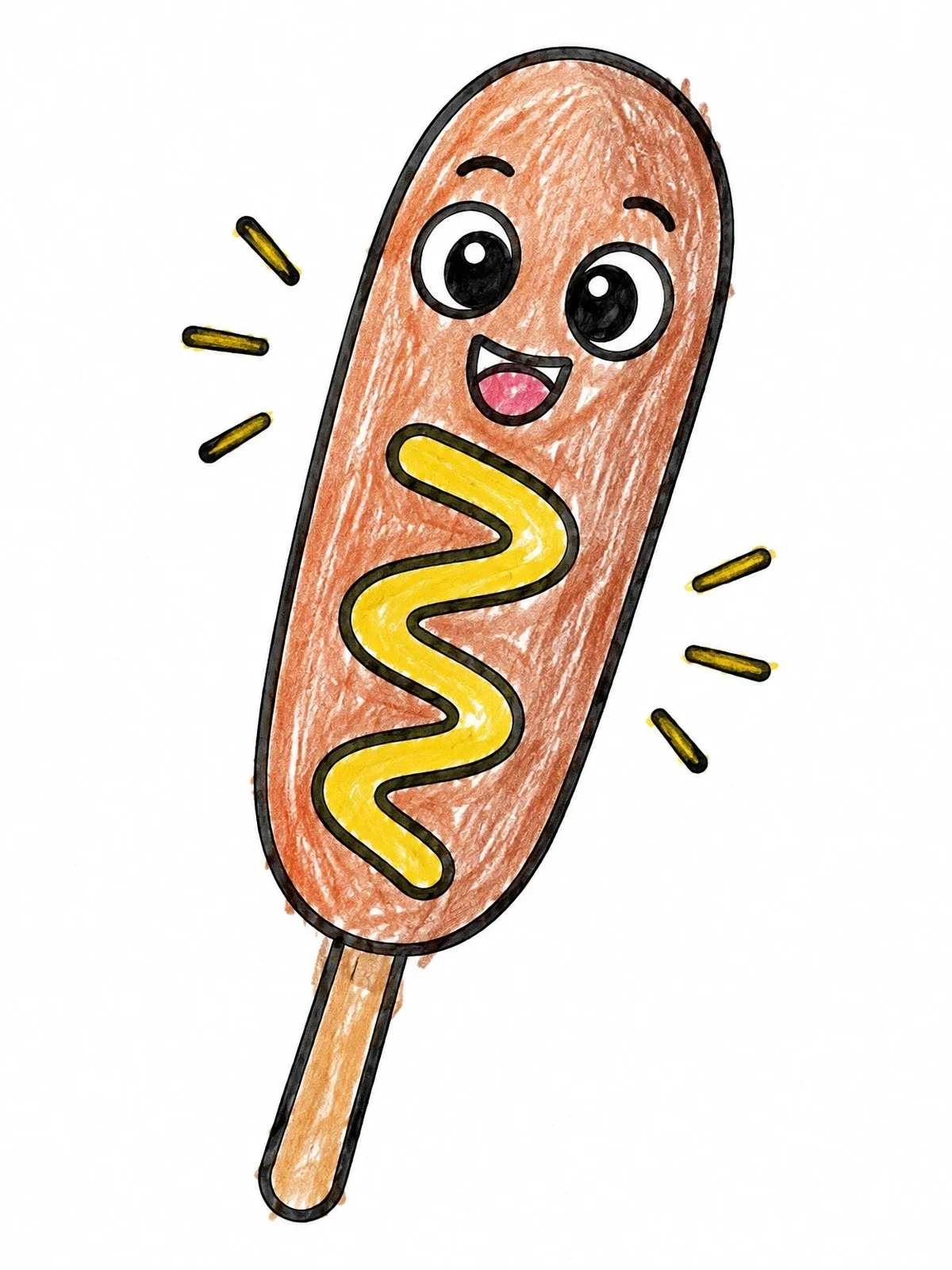Colored example of the Cheerful Smiling Corn Dog On Stick coloring page