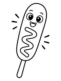 Free printable Cheerful Smiling Corn Dog On Stick coloring page