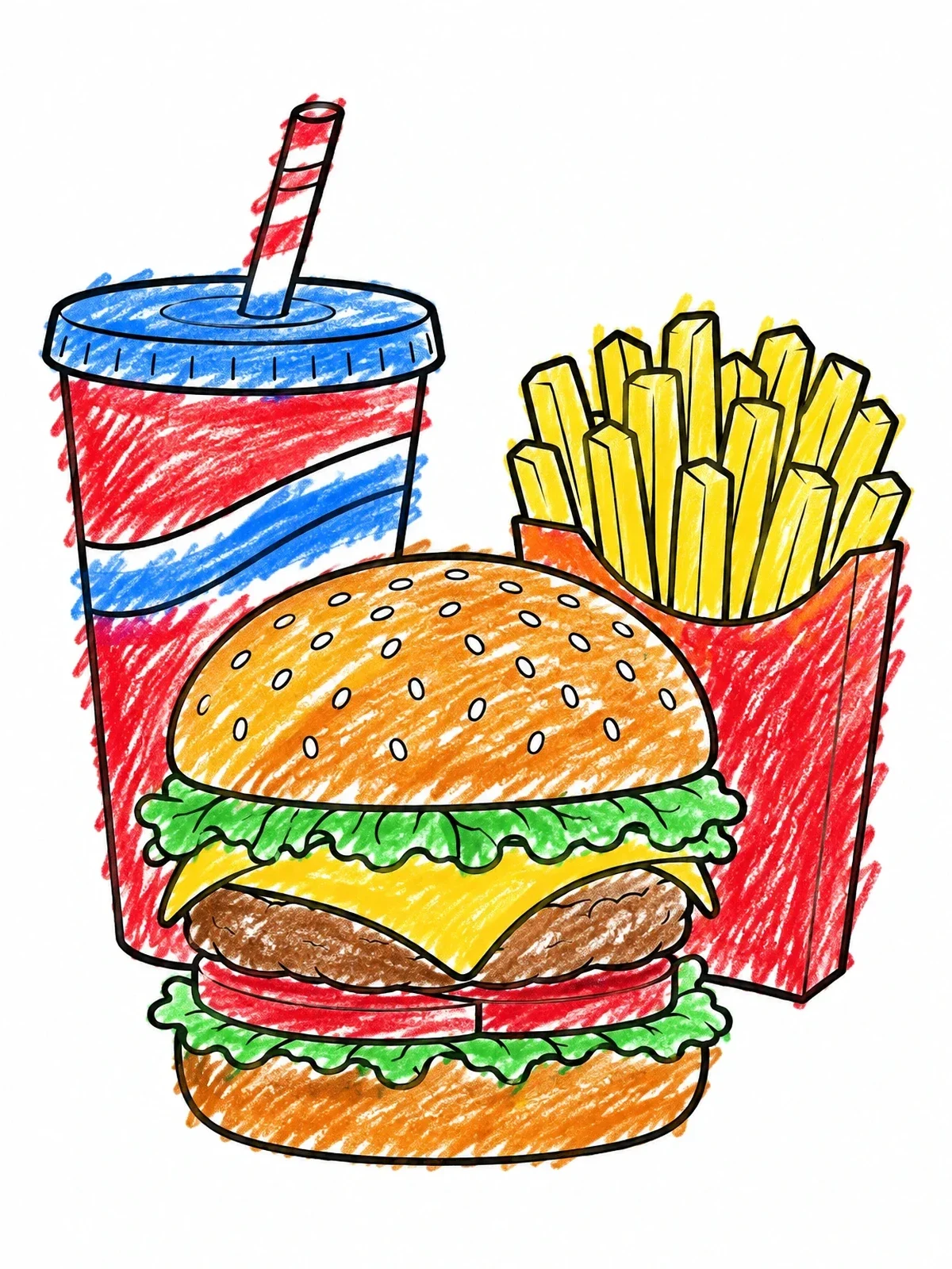 Colored example of the Classic Burger Combo Meal coloring page