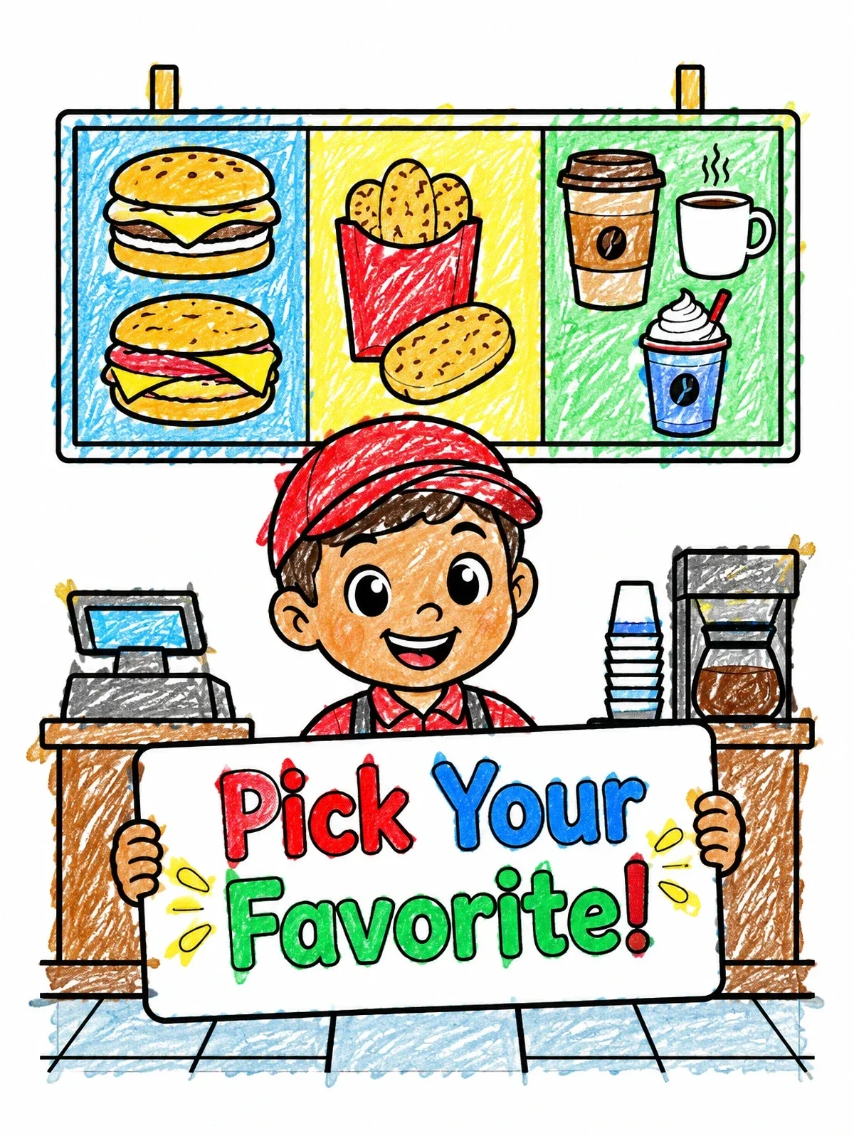 Colored example of the Friendly Cashier At The Fast Food Counter coloring page