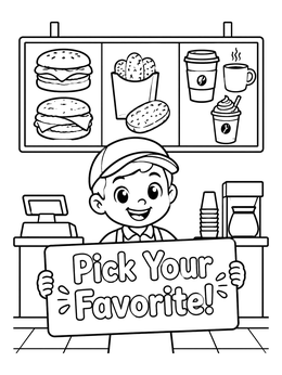 Free printable Friendly Cashier At The Fast Food Counter coloring page