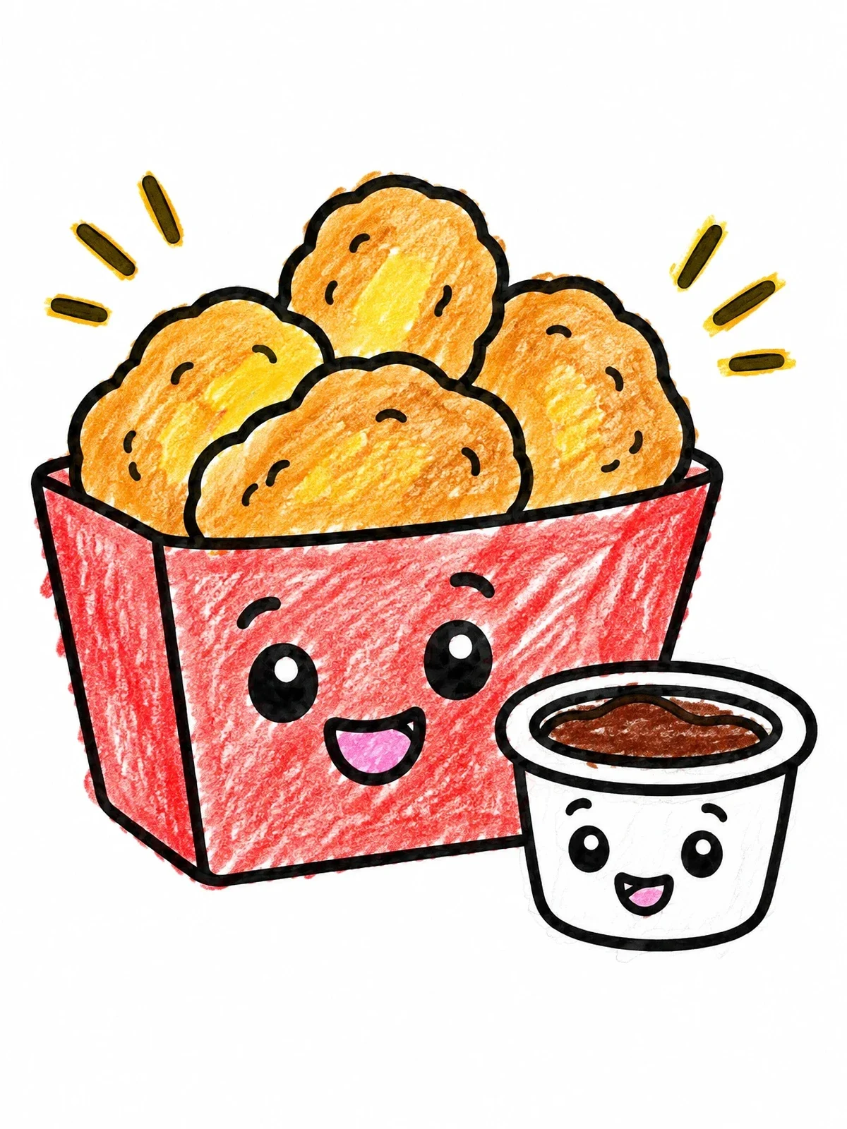 Colored example of the Cute Chicken Nuggets And Dip coloring page