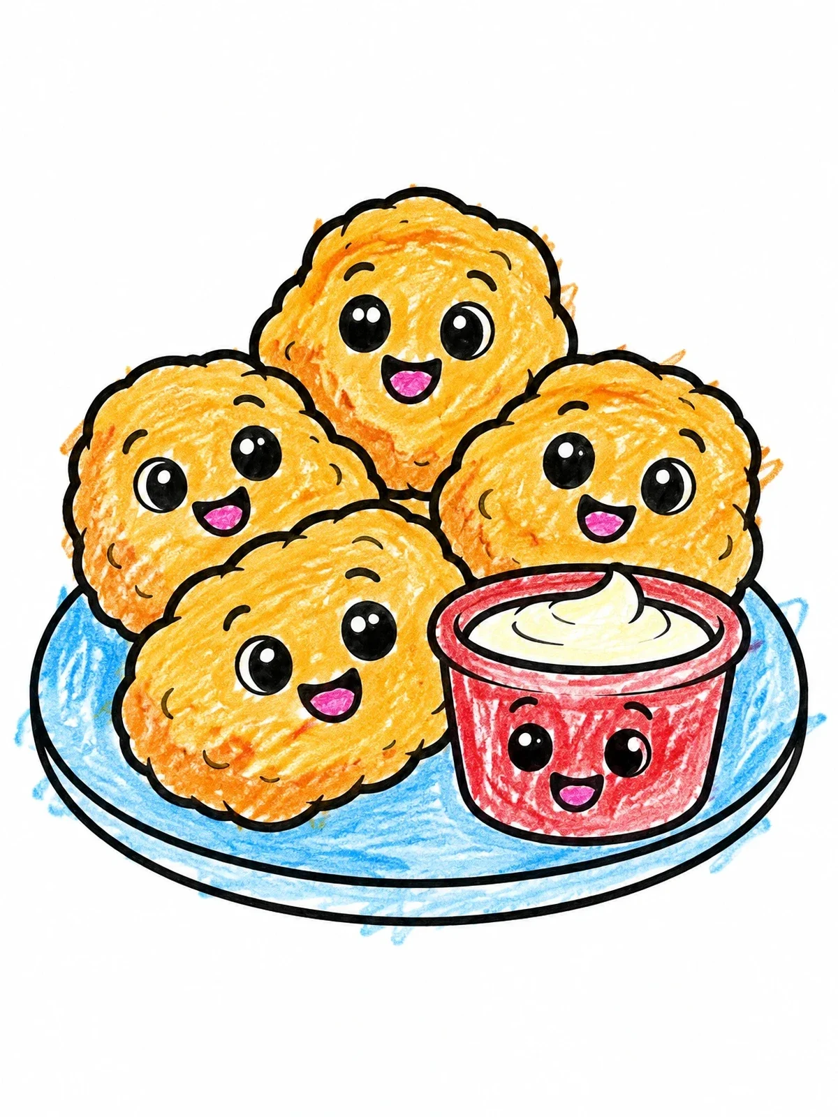 Colored example of the Cute Chicken Nuggets With Sauce coloring page