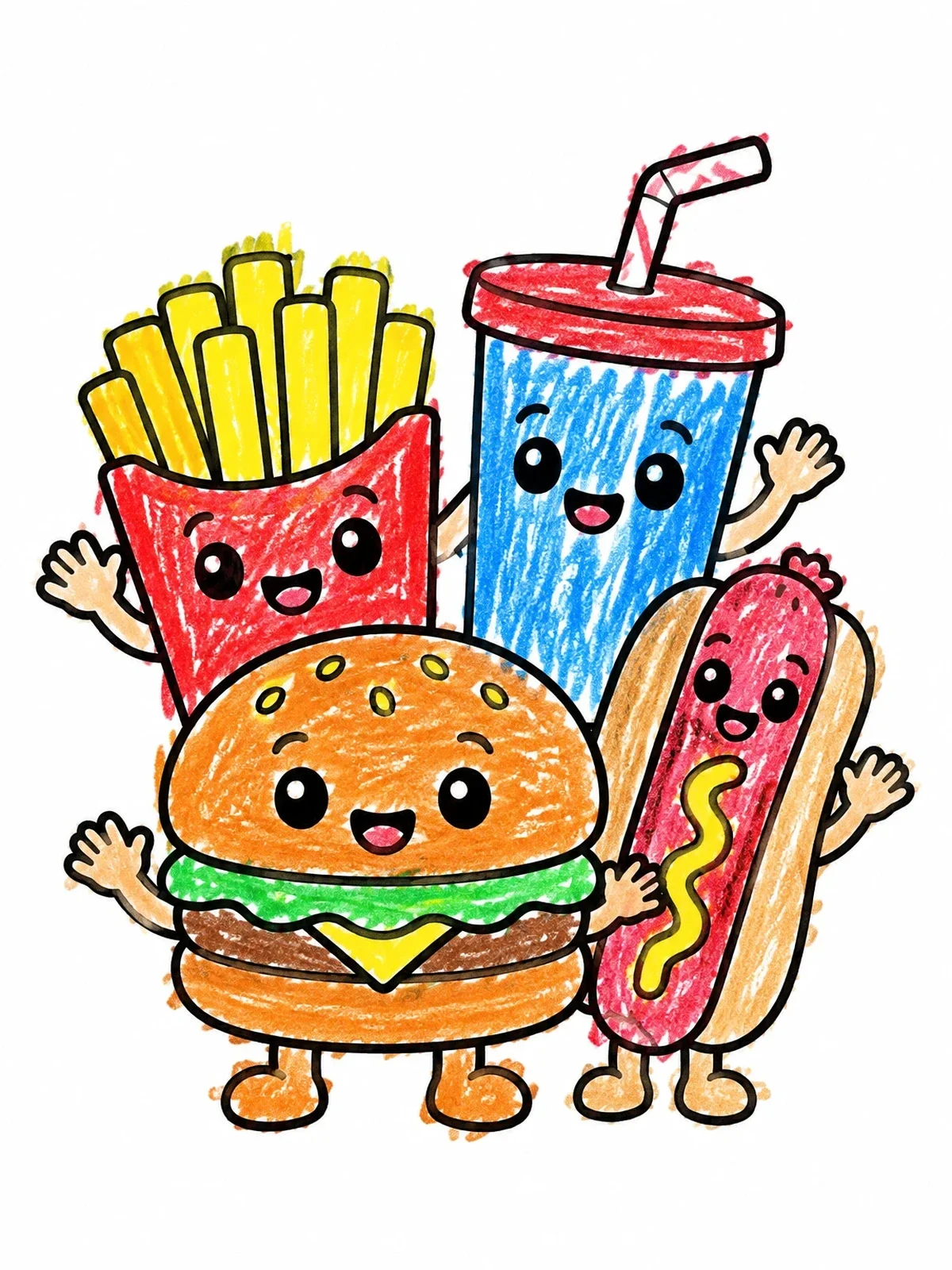 Colored example of the Cute Fast Food Friends coloring page