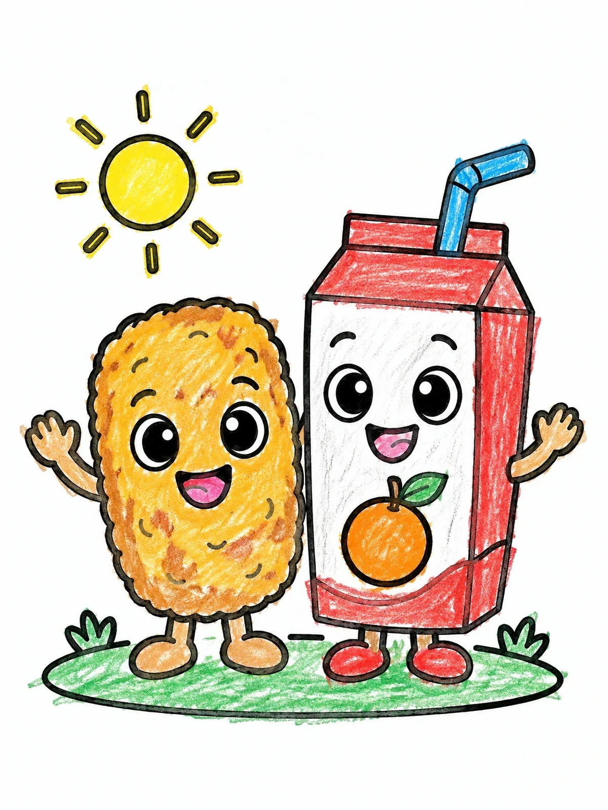 Colored example of the Cute Hash Brown And Juice Carton coloring page