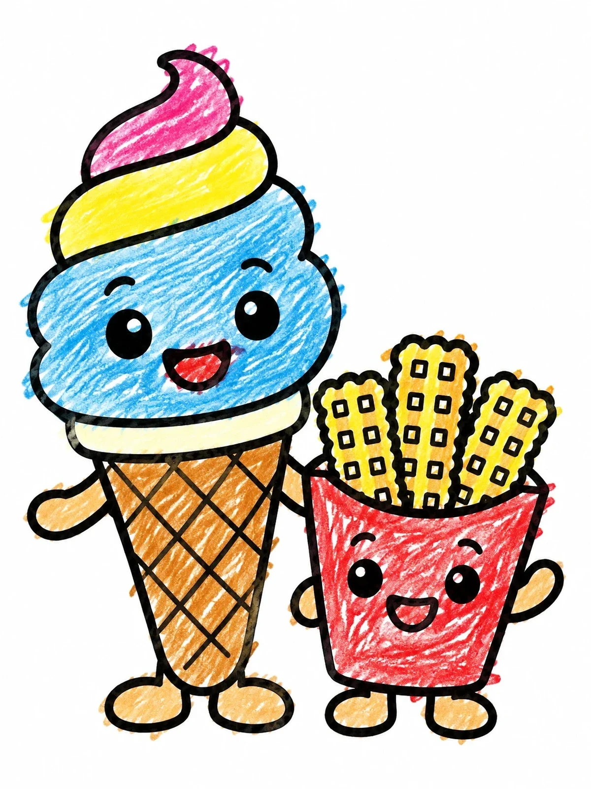 Colored example of the Cute Ice Cream Cone And Waffle Fries coloring page