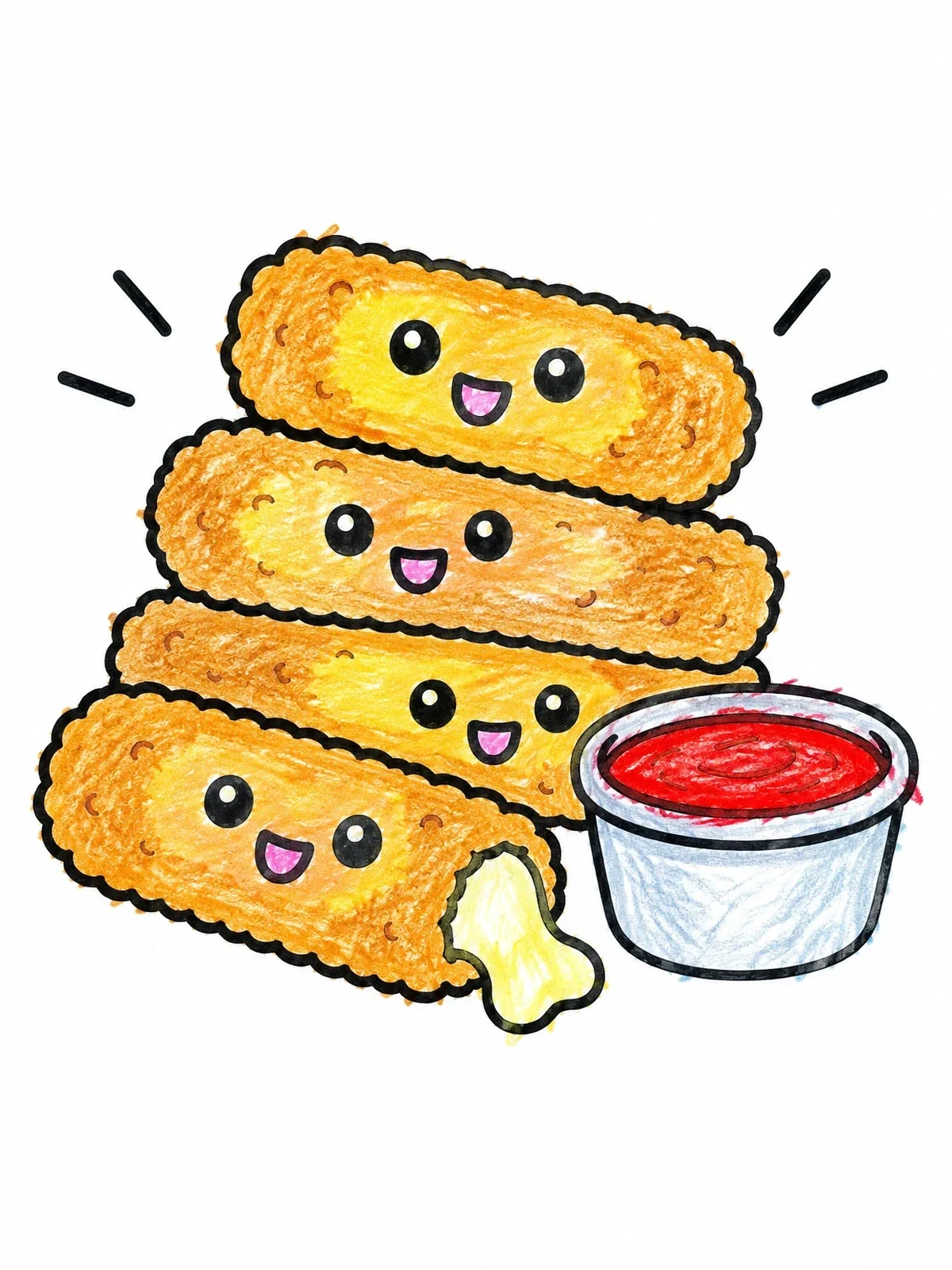 Colored example of the Cute Mozzarella Sticks With Dip coloring page