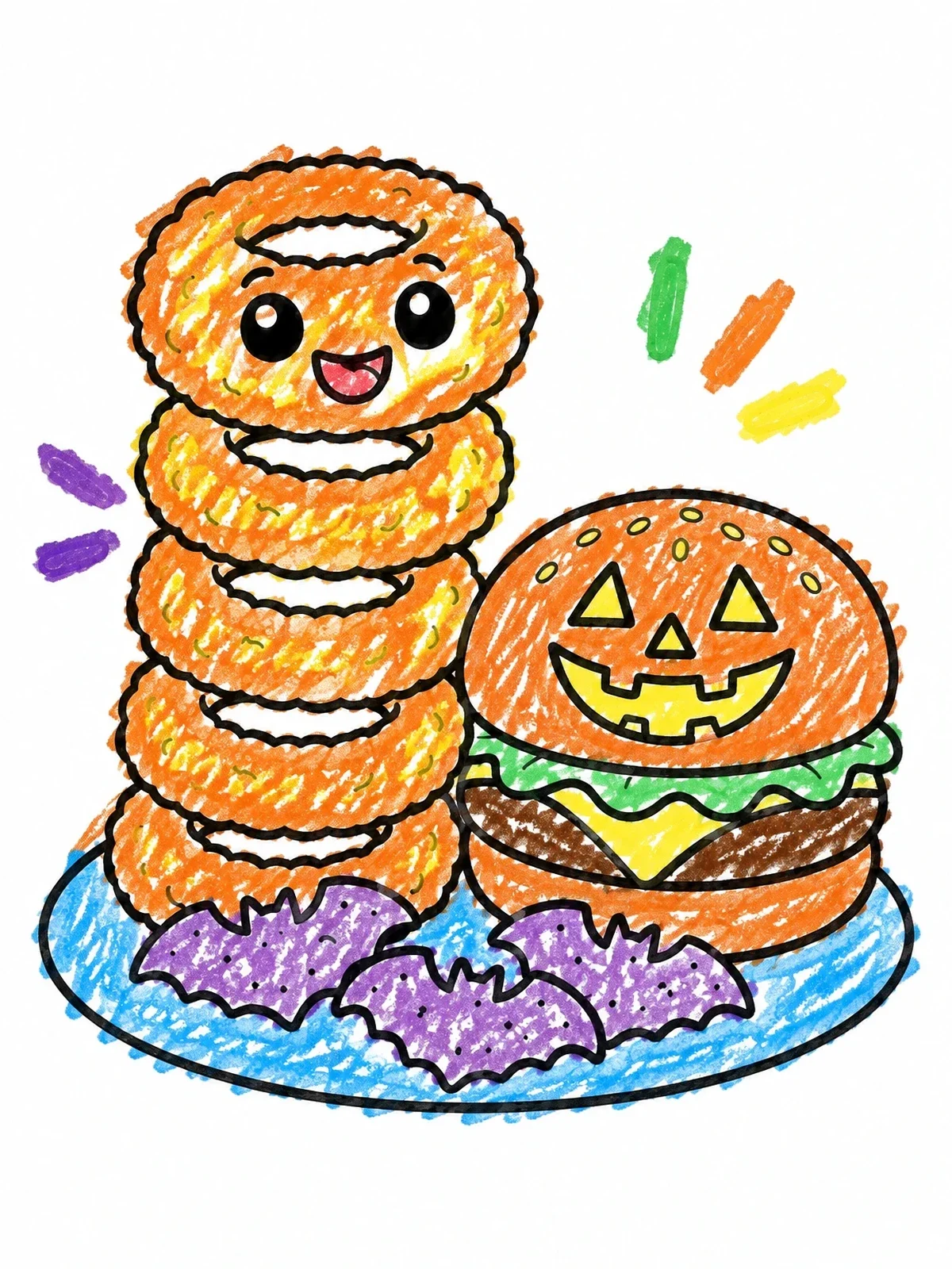Colored example of the Halloween Burger And Onion Rings coloring page