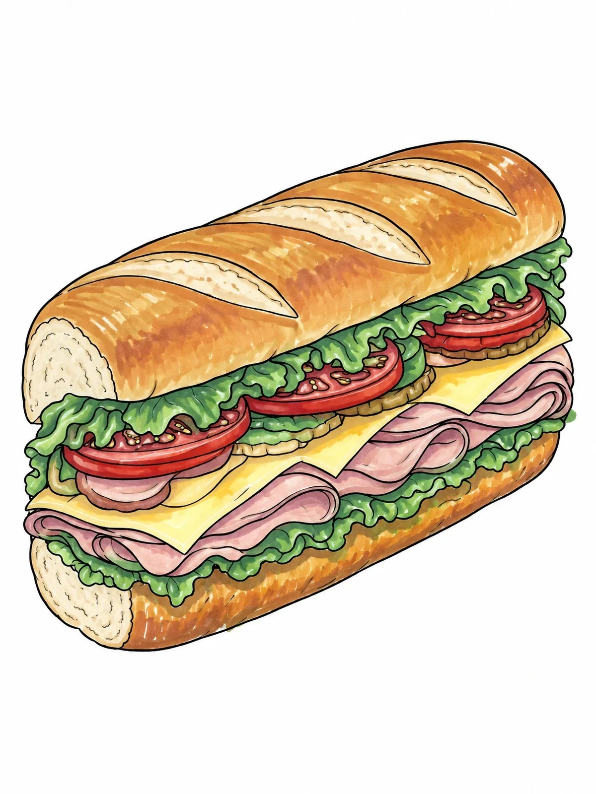 Colored example of the Loaded Submarine Sandwich With Fresh Fillings coloring page