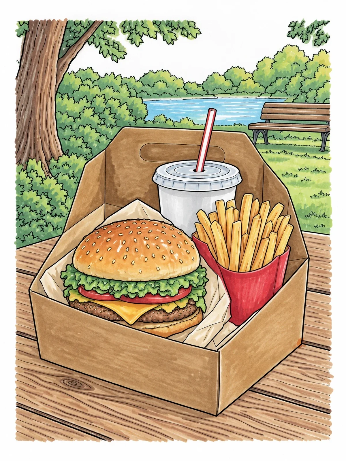 Colored example of the Fast Food Meal In The Park coloring page
