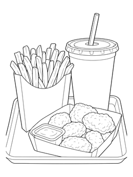 A tray of nuggets, soda, and crisp sides highlights this french fries coloring page.