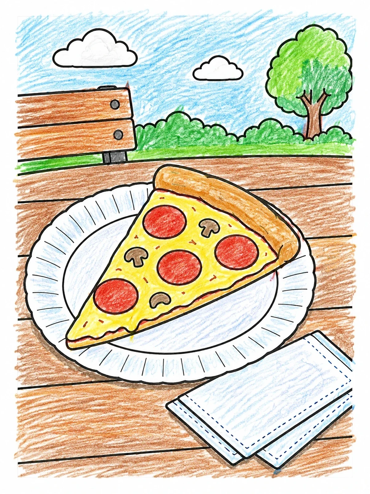 Colored example of the Pizza Slice On A Paper Plate coloring page